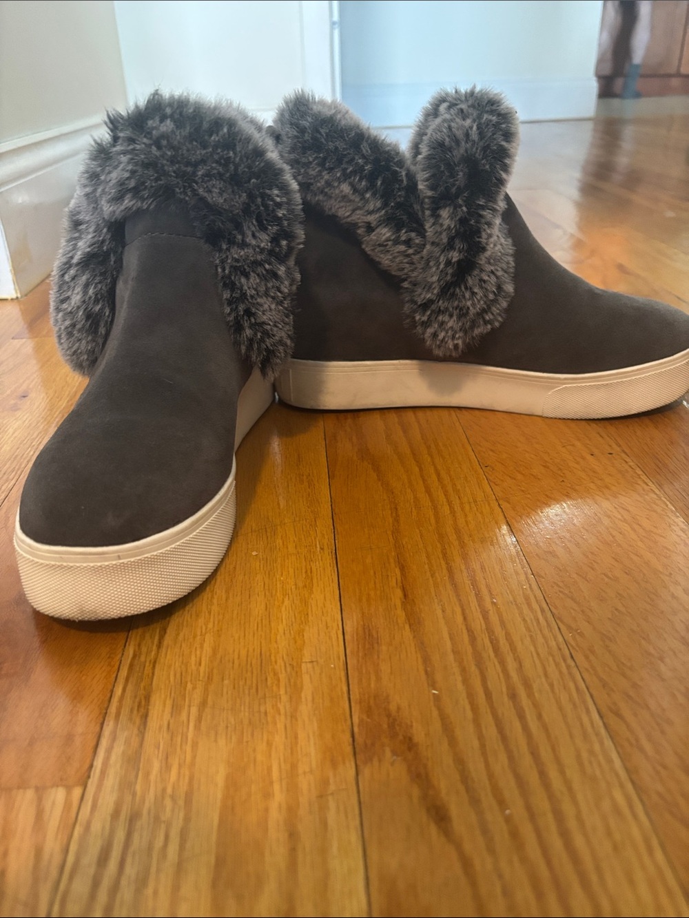 Women’s Faux Fur-Trim Slip-On Sneakers - Brown
